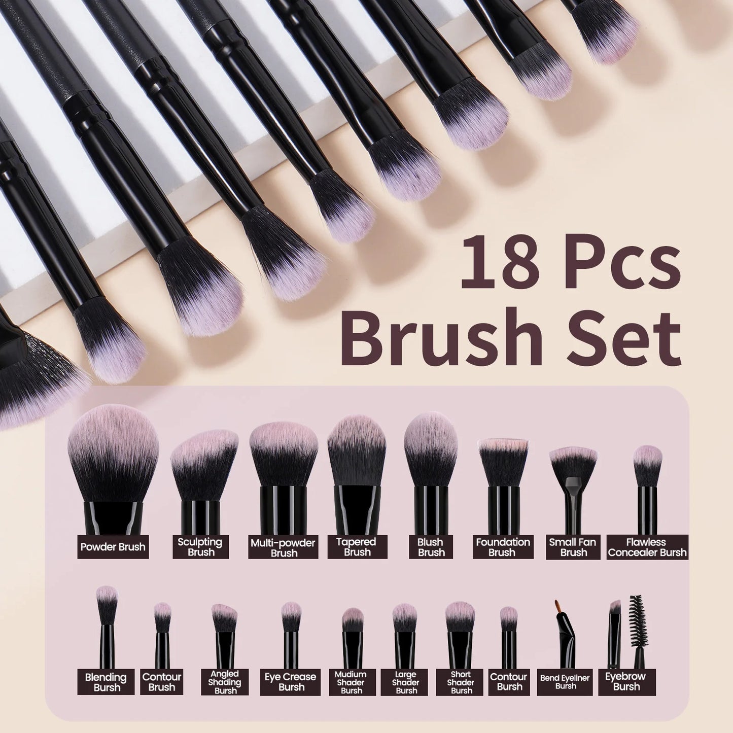 MAANGE 19pcs Makeup Tool Set 18pcs Makeup Brushes + Storage Bottle